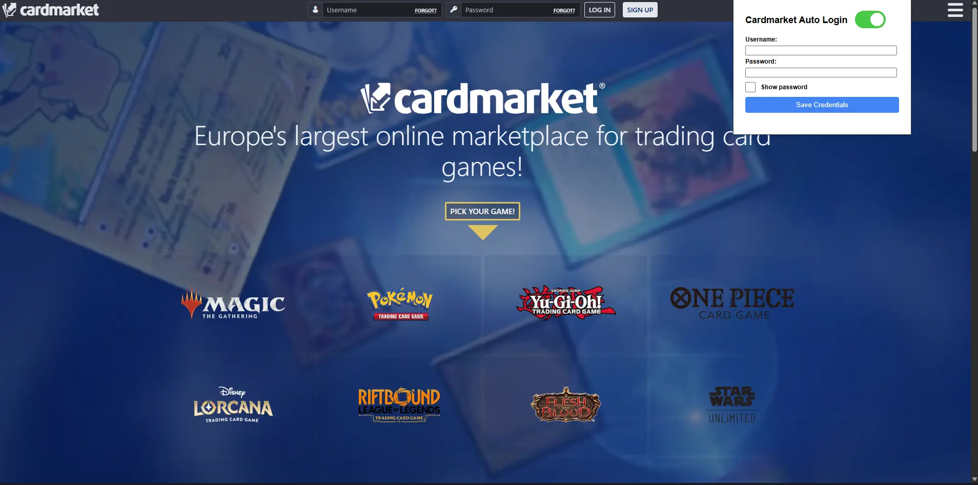 Cardmarket Auto-Login extension popup